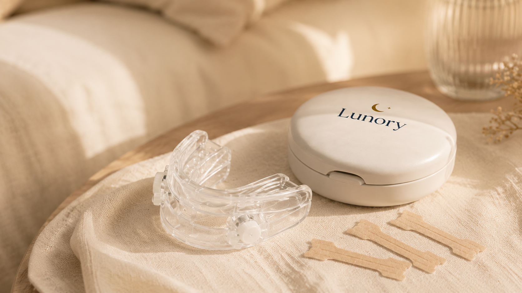 Lunory Sleep Kit — verstelbaar mondstuk en opbergcase op een dienblad bij het bed