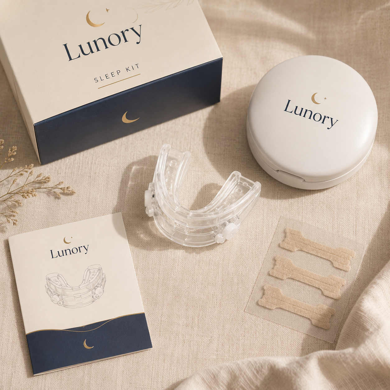 Lunory Sleep Kit volledige inhoud — doos, mondstuk, neusstrips, opbergcase en handleiding